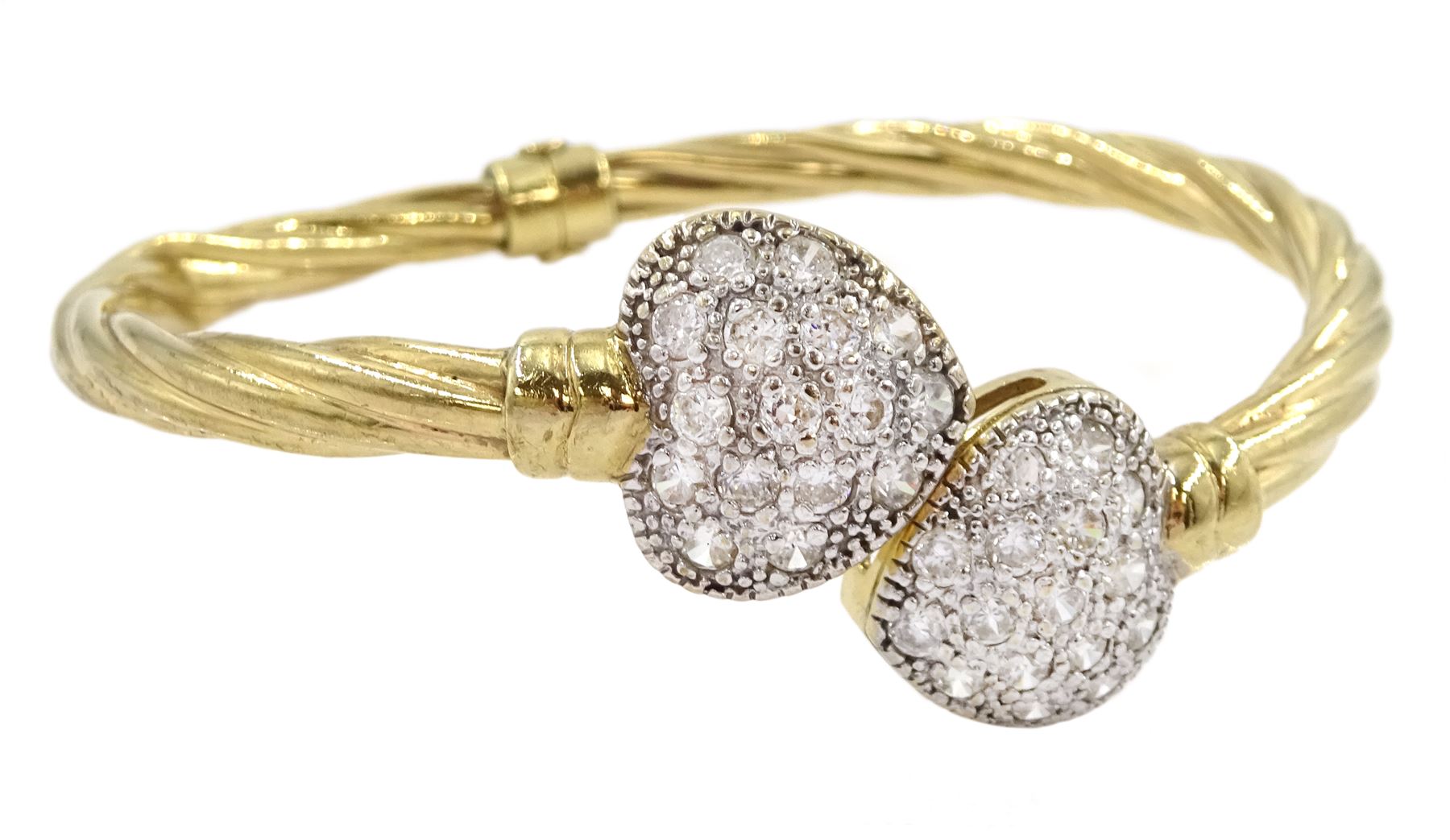 9ct gold cubic zirconia heart hinged bangle, stamped