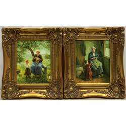 Dutch School (Late 20th century): Mothers and Children, pair oils on board indistinctly signed 24cm x 19cm (2) 