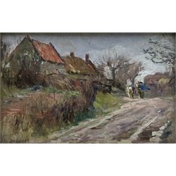 James William Booth (Staithes Group 1867-1953): Figures on Country Lane, oil on board signed 16cm x 24cm
