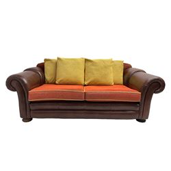 Gainsborough Lounge Suites - three piece leather and fabric lounge suite - pair two seat sofas (W225cm, H82cm, D105cm), and matching armchair (W88cm), on turned front feet with scatter cushions