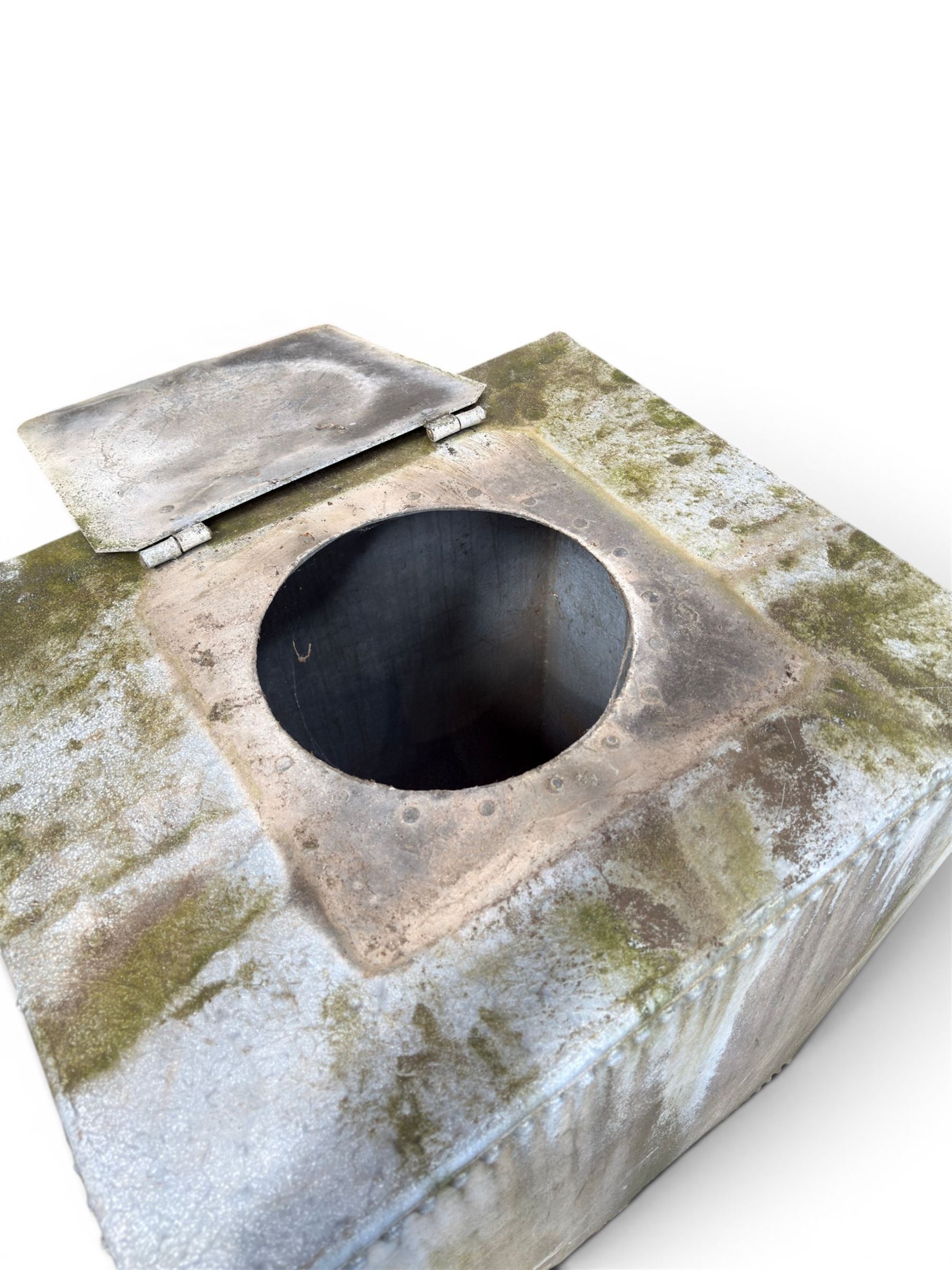 Large early 20th century galvanised water, cube form  with rounded corners and buttoned detail, with tap