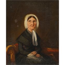 English School (19th century): Portrait of a Victorian Lady Wearing a Bonnet, oil on canva...