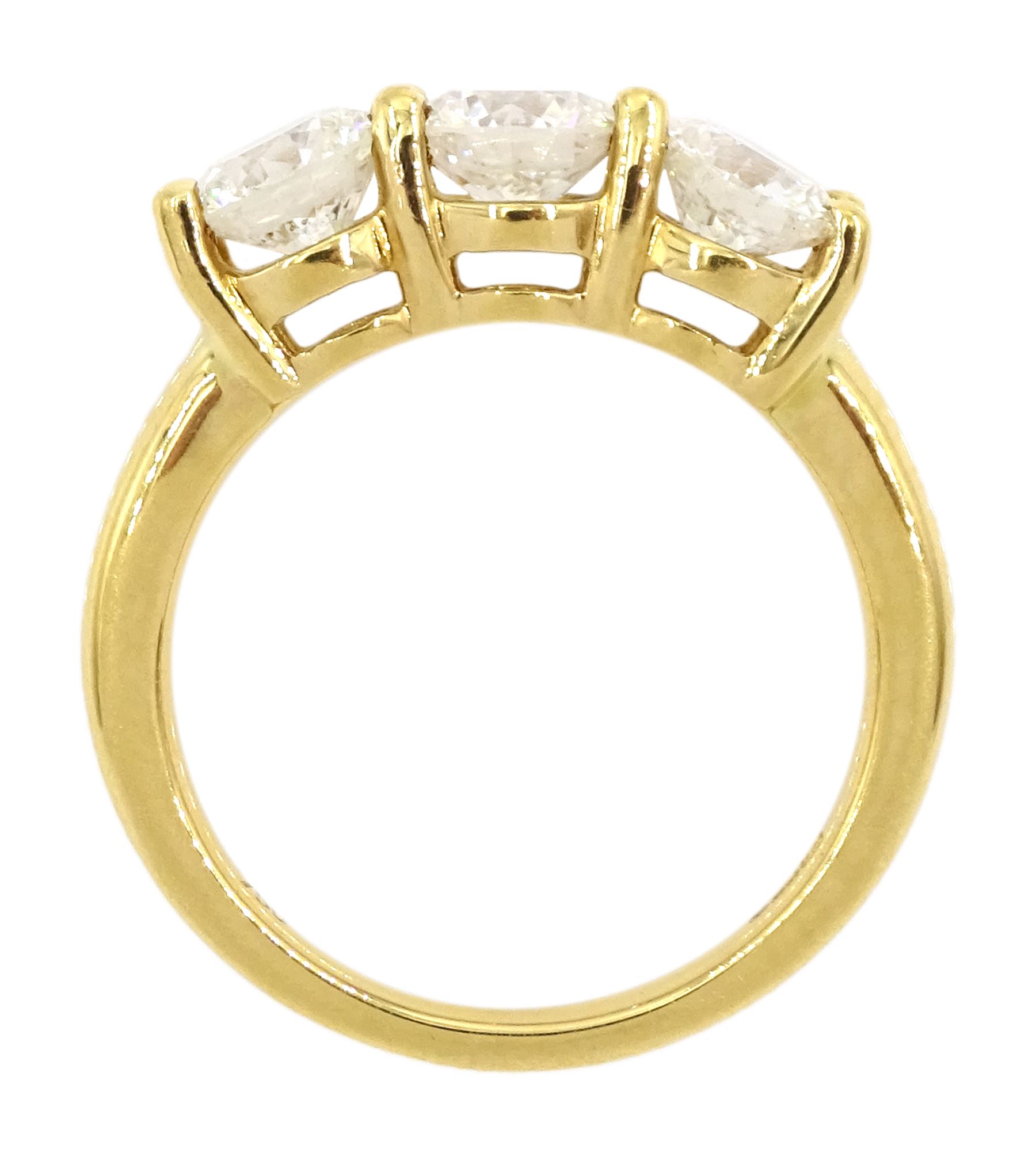 18ct gold three stone round brilliant cut diamond ring, hallmarked, total diamond weight approx 1.80 carat