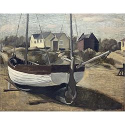 English School (Mid 20th Century): 'Brown and White Boat - Thorpeness', oil on panel, inscribed with title and dated 1947 verso 24cm x 29cm 