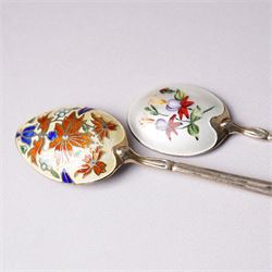 Small silver photograph frame,  four decorative silver forks, two silver and enamel spoons, other silver spoons and silver cased fob watch 