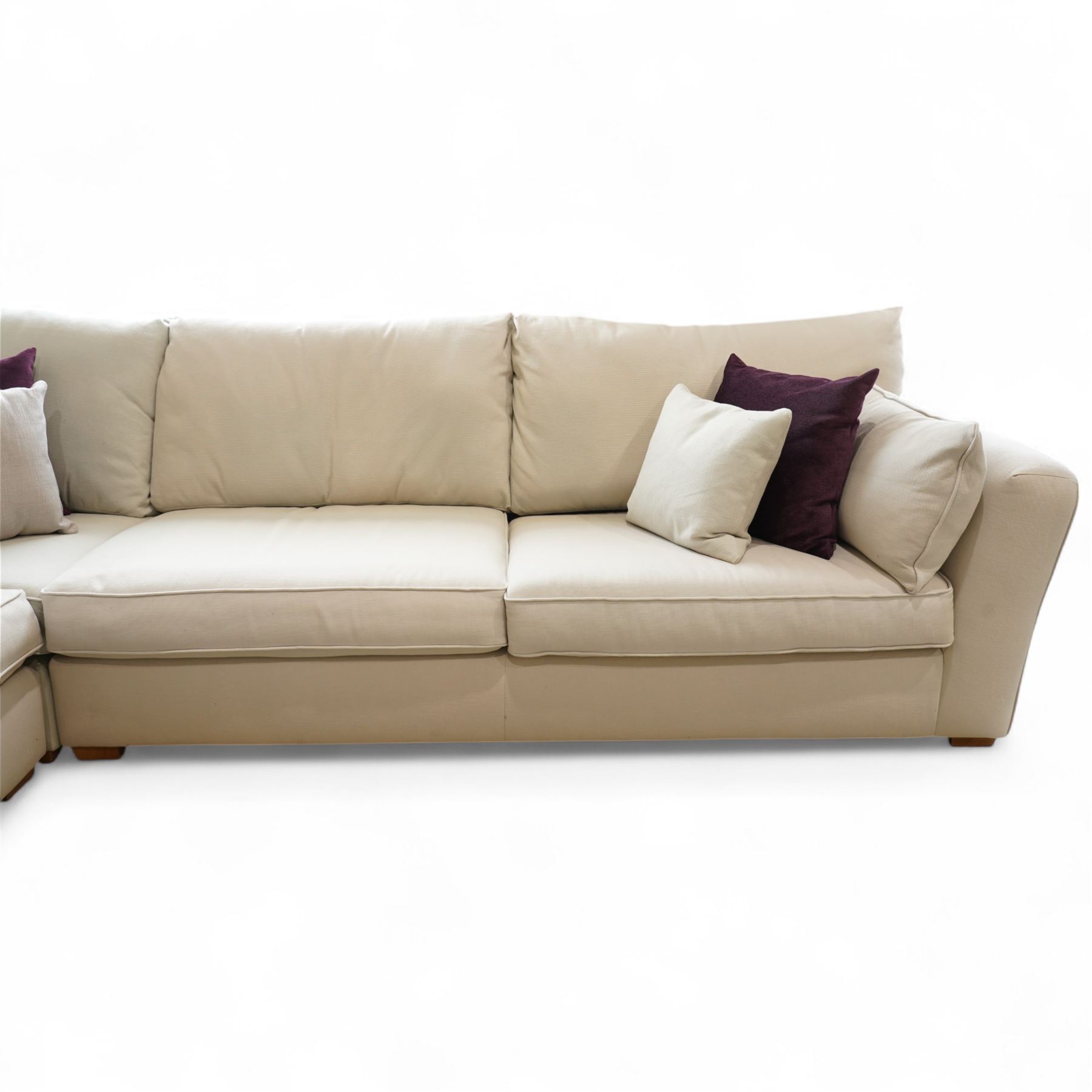 Barker & Stonehouse - large corner sofa, upholstered in natural pumice fabric, with contrasting scatter cushions 