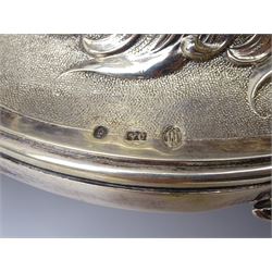 Large and impressive late 19th century Danish silver table centrepiece, the circular bowl with shaped rim embossed with shell, flower head and foliate scroll border, upon a baluster stem with twin scroll handles to shoulders, and domed quatrefoil base upon four foliate scroll feet, embossed throughout with conforming shell motifs and foliate scroll work, bowl and base impressed with maker's mark for V. Christesen, Copenhagen (1893-1910), alongside Danish Three Towers mark for 1889, with the Assay Master mark for Simon Groth (1863-1904), H47cm bowl W37cm, weight 88.83 ozt (2763 grams)