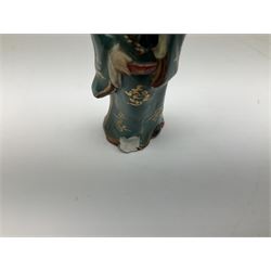 Japanese parquetry puzzle box L12cm; another Japanese puzzle box with marquetry top of Mount Fuji; eleven graduated Chinese figures including immortals; and Chinese figure of a lady standing on a hardwood base next to a horn table (14)