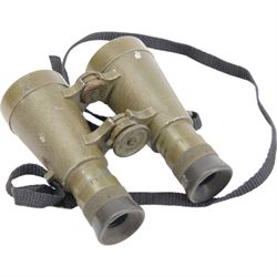 WWII Dolland of London Prismatic x6 field binoculars, with broad arrows marked to the body of the binoculars, the leather case with worn owners label to the inside, together with a cased pair of German field binoculars, with green paint finish, marked Germany-08 38226, together with two other cased pairs of binoculars 