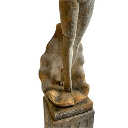 Cast stone two-piece garden figure of the Birth of Venus, depicting the goddess emerging from a stylised shell, on square base with stepped moulded plinth 