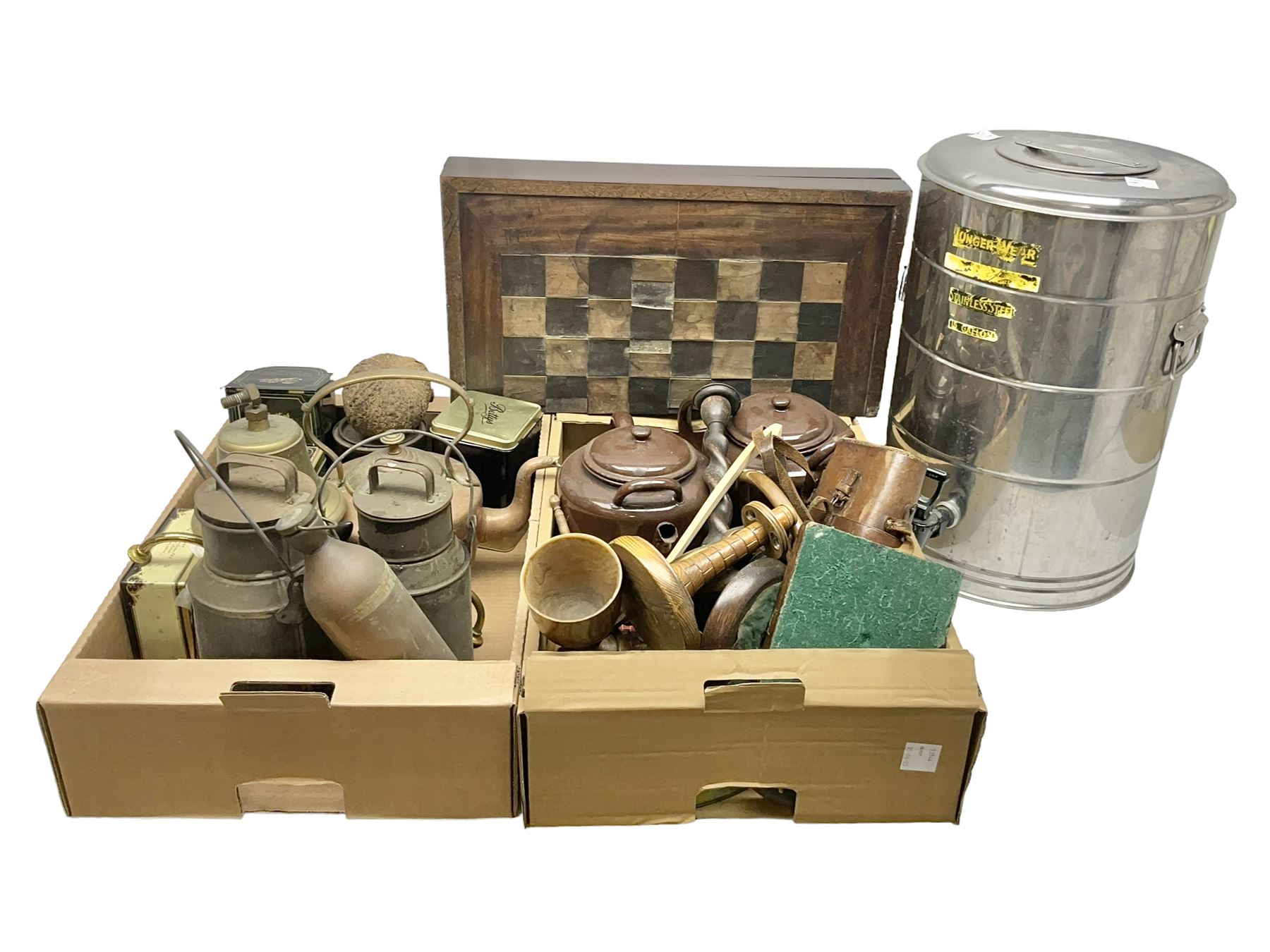 Mauchline ware trinket box and thimble holder, together with copper kettle, two large brown enamel teapots, wooden chess board, brass bell, hot water urn, and other metal ware etc, in three boxes 