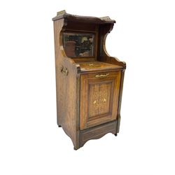 Edwardian inlaid rosewood  fall-front coal purdonium serpentine top with raised fretwork gallery, over bevelled mirror-back, the panelled fall-front door inlaid with foliate patterned ivorine and boxwood, on castors
