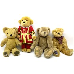 Four Merrythought teddy bears - International Collectors Club limited edition with growler mechanism No.71; plain brown with back-wind musical movement; golden brown dressed as a Beefeater; and earlier light golden coloured (4)