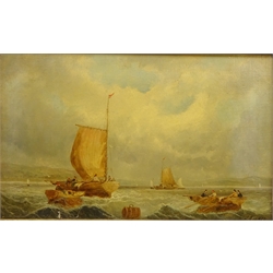  Fishing Boats off Shore, 19th century oil on canvas signed J.Sidney 24cm x 29cm   