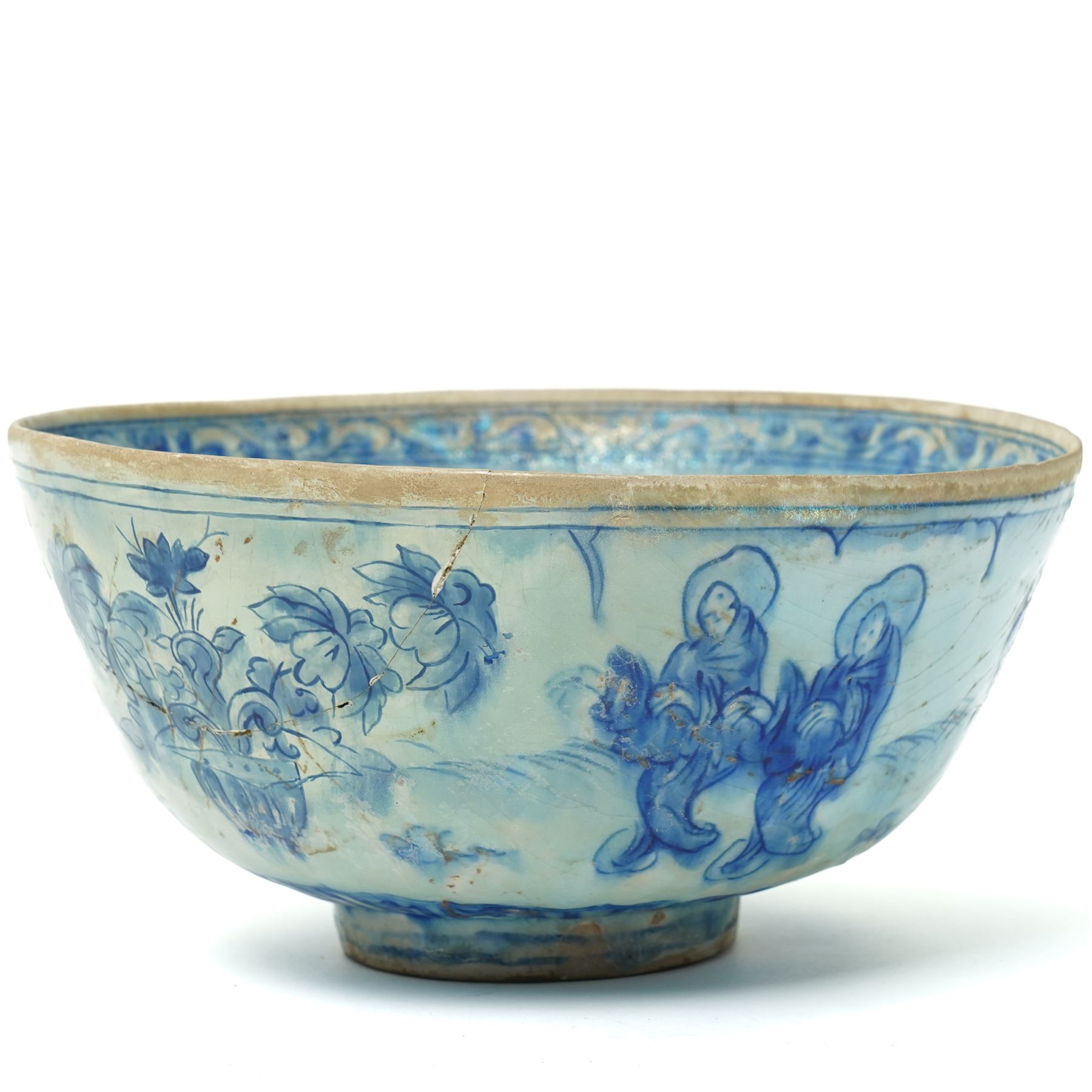 17th century Persian Safavid bowl decorated in the Chinese manner in blue and white with figures and flowers and with pseudo Chinese marks D23cm