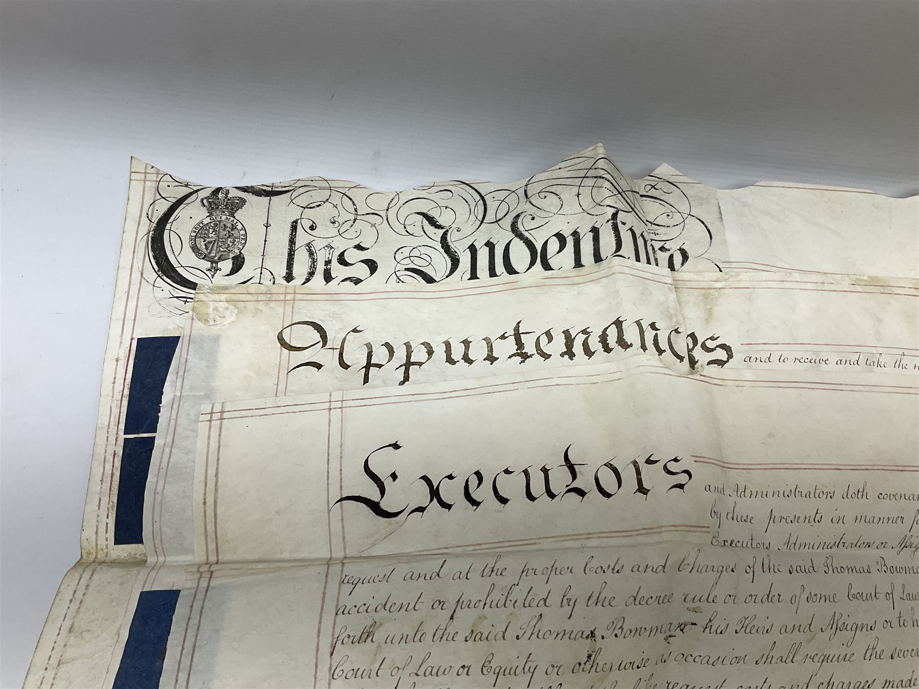 Early 19th century manuscript deed on vellum in three sections dated 25th February 1803 relating to 'An agreement between William Wilberforce, of the old palace yard, Westminster - son of Robert, AND The Reverend Thomas Bowman, of Beverley, who has agreed to buy from William Wilberforce the Freehold of a 