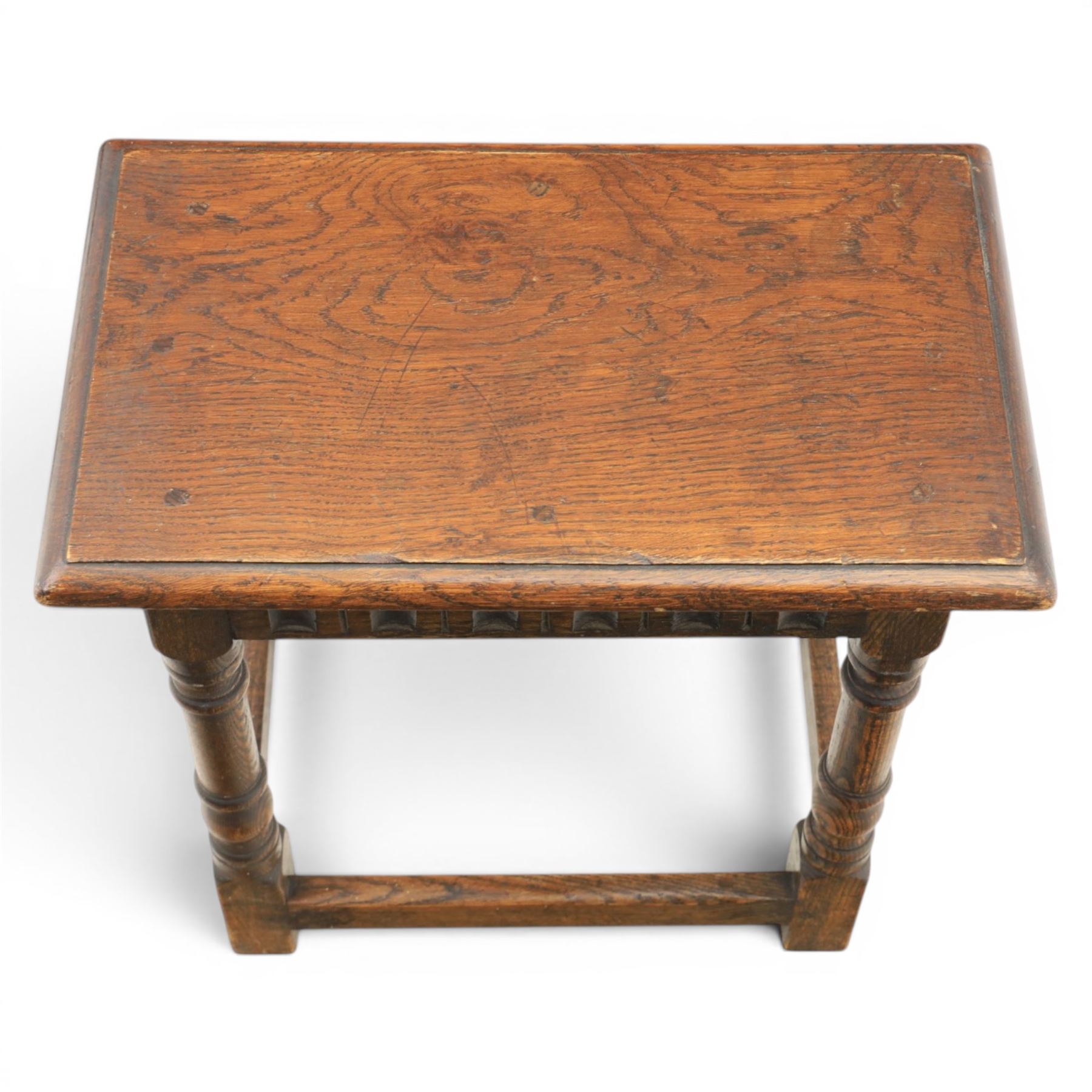 Two 19th century oak joint stools with carved frieze and turned supports