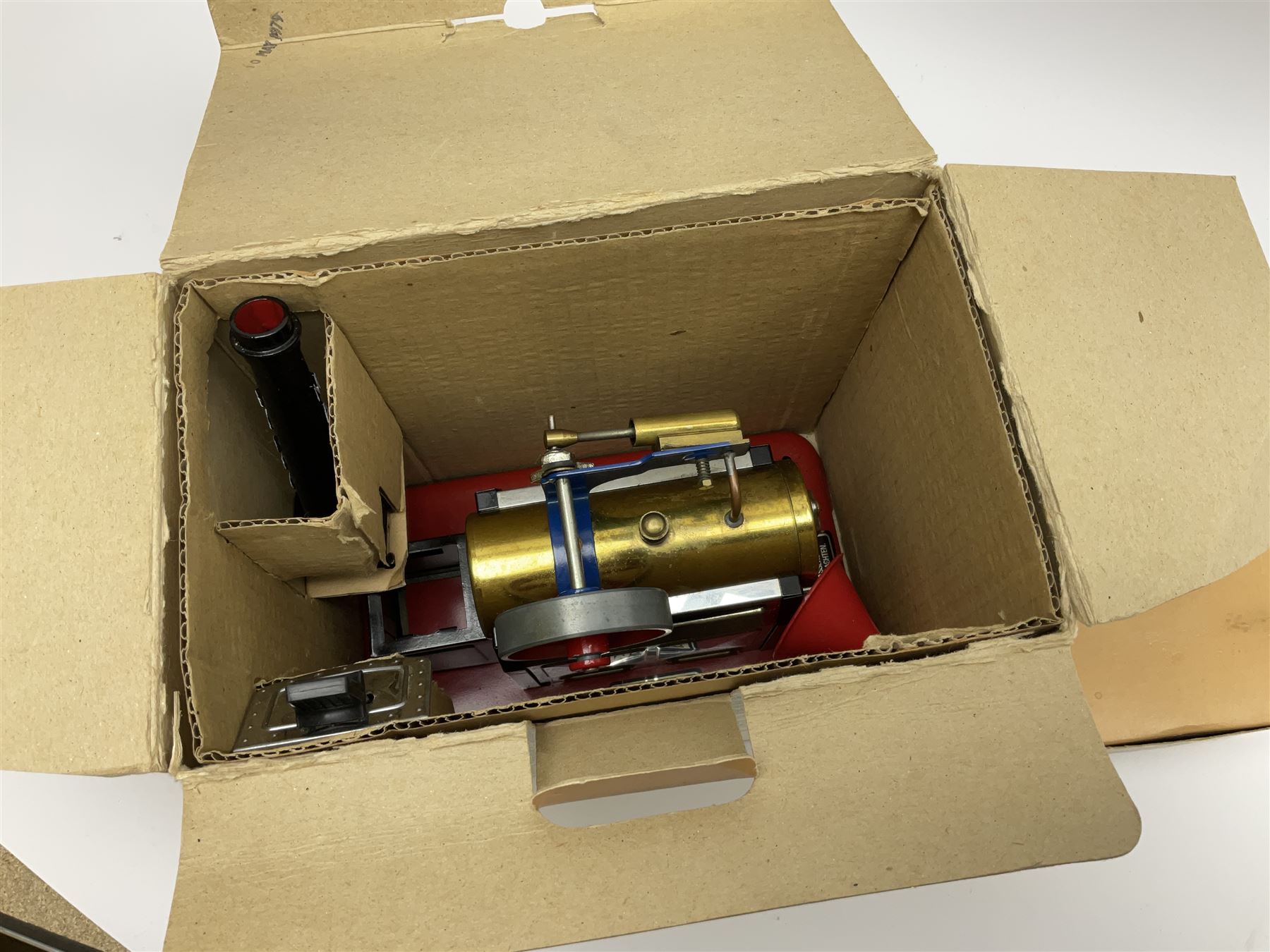 Mamod SP2 stationary steam engine in original box, with burner, solid fuel tablets, funnel and power hammer in box