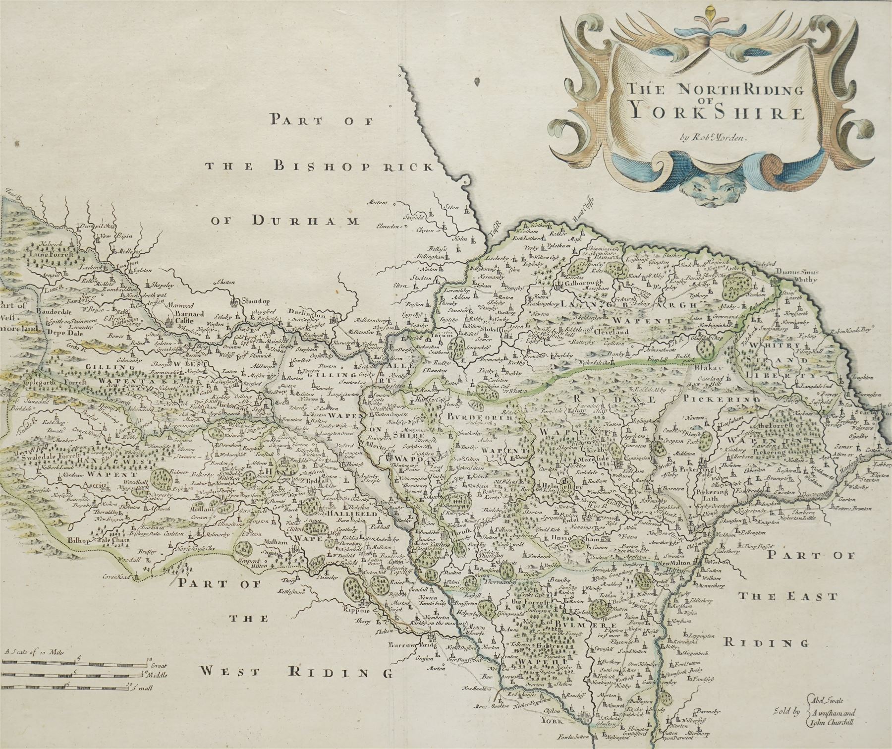 Robert Morden (British c.1650-1703): 'The North Riding of Yorkshire', 17th/18th century engraved map with hand-colouring 37cm x 43cm