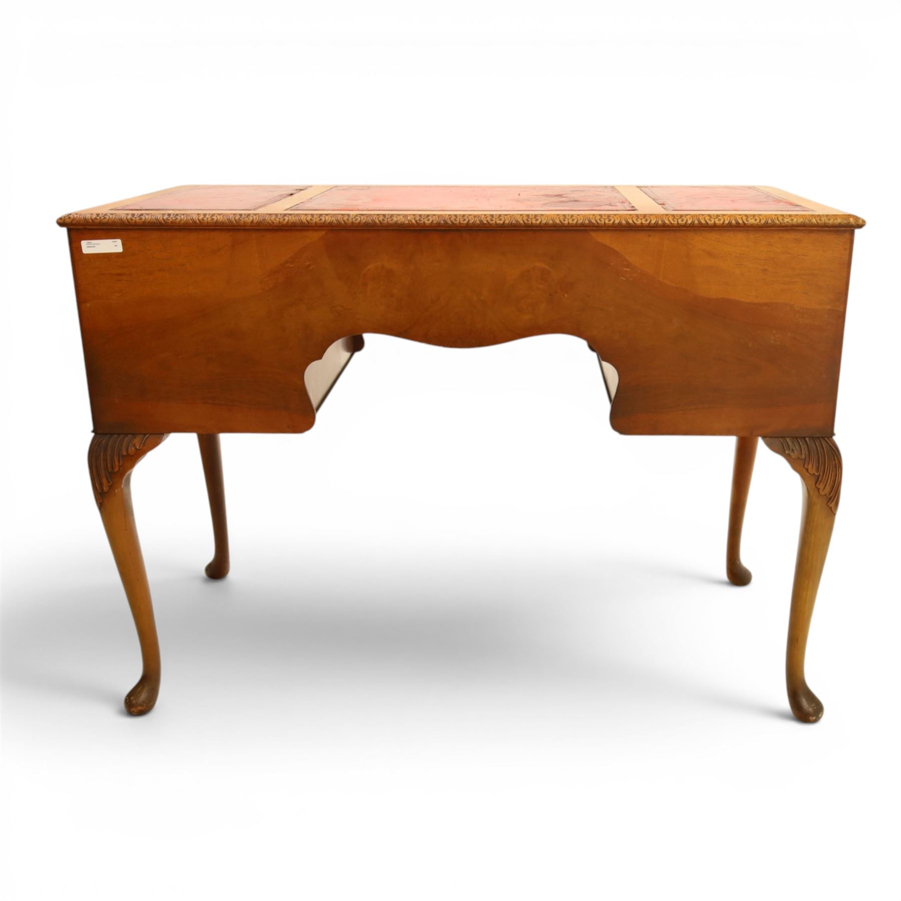 Early 20th century Queen Anne design figure walnut desk, triple inset leather writing surface, fitted with five drawers