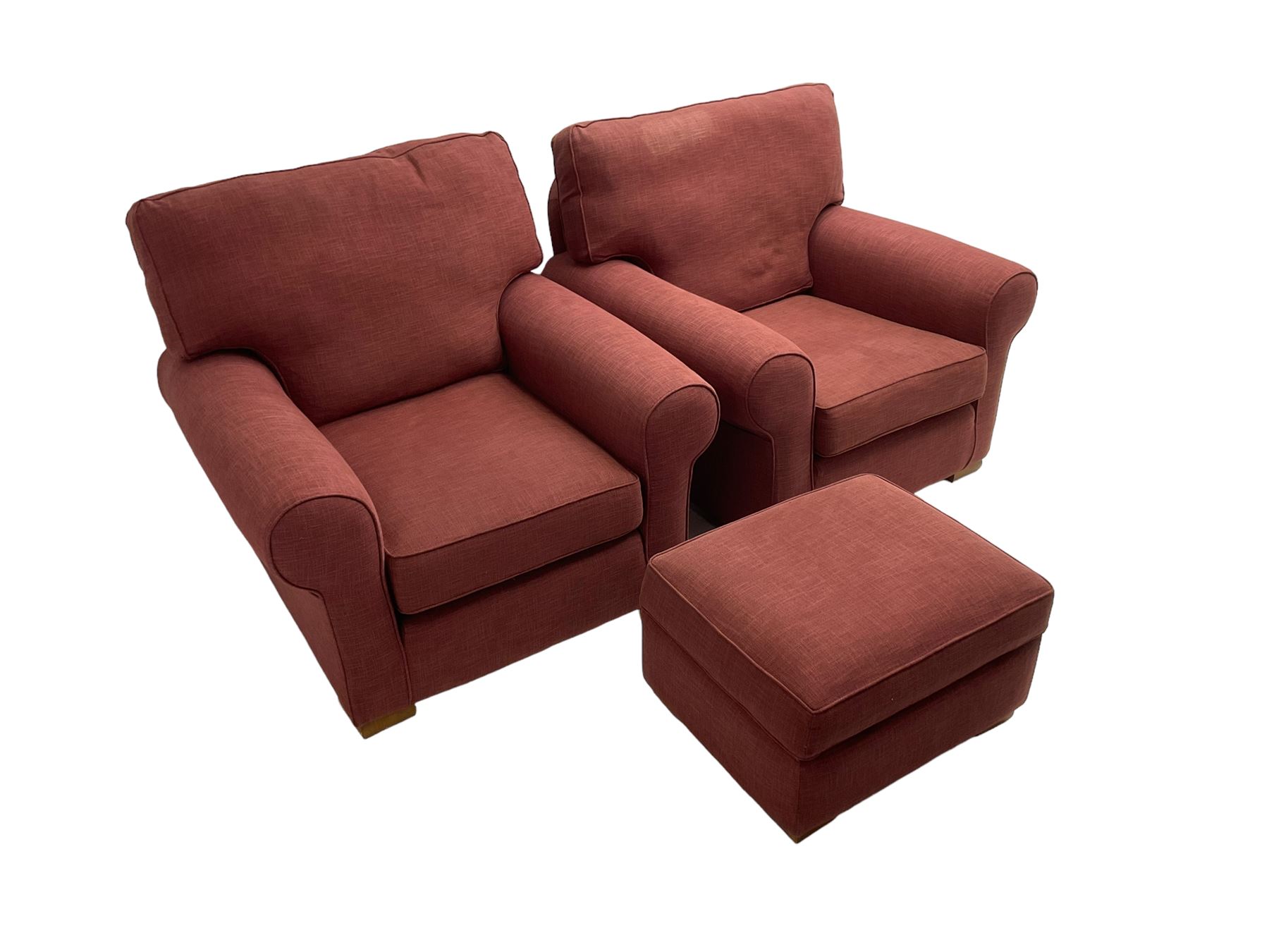 Multiyork - traditional three seat sofa upholstered in claret red fabric (W200cm H80cm); and pair matching armchairs (W103cm) 