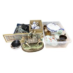 Elesva Holland blue and white part tea service, Capodimonte style figure group 'The Card Players', Oriental bowl of shallow form decorated with painted koi fish and sea plants, L25cm and Quantity of cutlery to include silver plated examples, together with glass carafe and decanter with stopper, Framed Aboriginal Art Print, by Danny Eastwood, ceramics etc