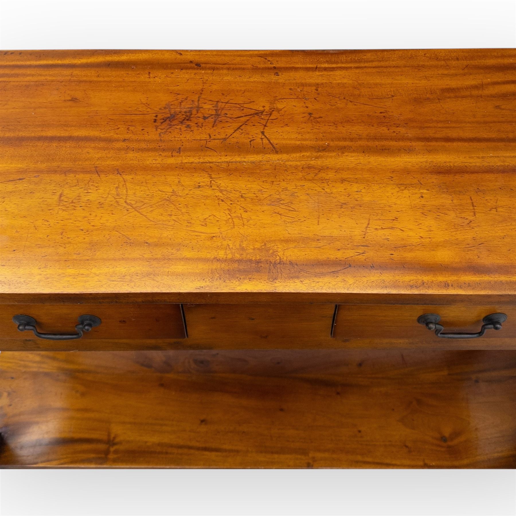 Contemporary console hardwood side table, with rectangular top and two drawers fitted with brass handles, on square legs joined by full-length lower shelf