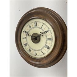 Early 20th century 'Postman's' alarm wall hanging clock, circular Roman dial with centre alarm set, in stained beech case