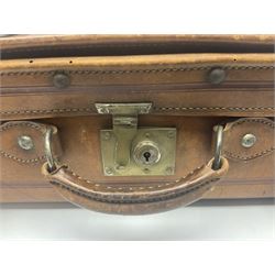 Late 19th/early 20th century stitched and studded leather portmanteau type suitcase with expanding lid and straps, L61cm