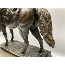 Large and impressive bronze figure of Wellington seated on a horse, on a sarcophogus shaped stepped base impressed 'Meunier Paris', the canted corners inset with battle trophies H68cm L50cm D22cm