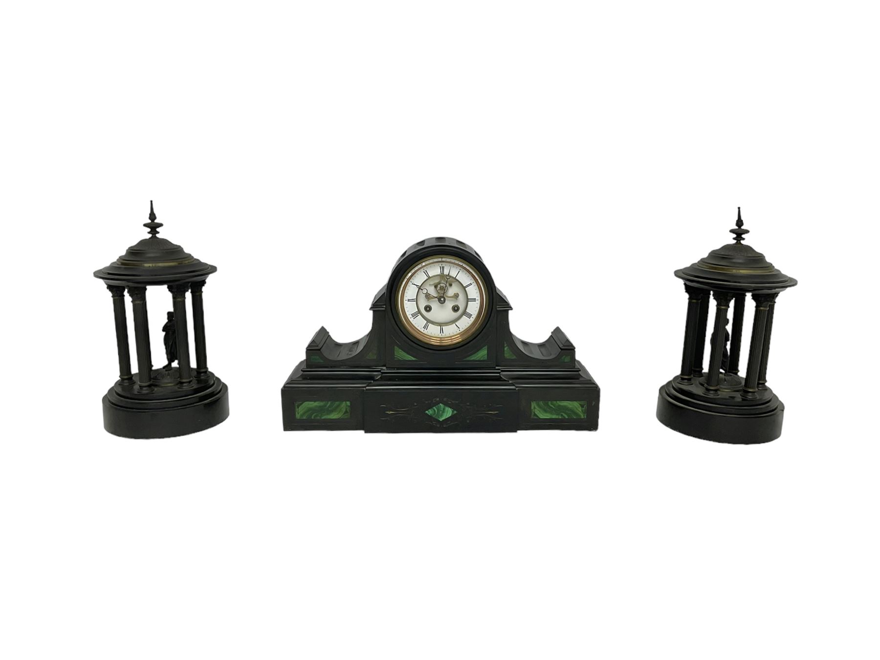 French- Black Belgium slate 8-day Victorian mantel clock  and garnitures with with malachite inlay, drum cased movement with volutes curved supports to the sides, two-part enamel dial with Roman numerals, moon hands and a visible Brocot escapement, striking movement, striking the hours and half-hours on a bell, with matching portico garni in the form of a Roman temple. With pendulum.