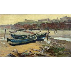 Staithes Group (19th/20th century): 'Low Tide Whitby', oil on canvas, possible signs of signature verso with title on the stretcher 31cm x 51cm (unframed)