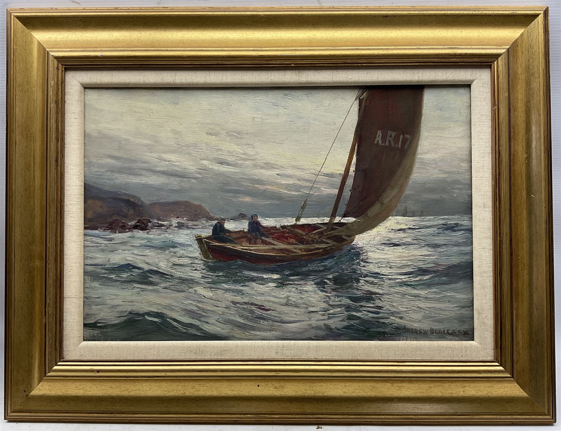 Andrew Black RSW (Scottish 1850-1916): Ayr Fishing Boat Rounding the Coast, oil on canvas signed 30cm x 45cm