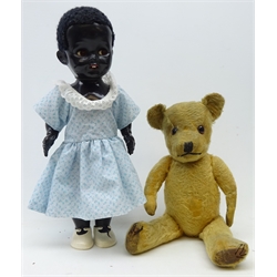  Pedigree black baby walker doll, with sleeping eyes, H40cm and a gold plush Teddy with glass eyes, long arms and leather pads (2)  