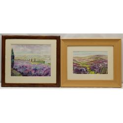 Penny Wicks (British 1949-): 'Lavender Fields Terrington', watercolour signed, titled verso 27cm x 34cm; 'Heather Moorland', watercolour with collage signed, titled verso 20cm x 30cm (2)