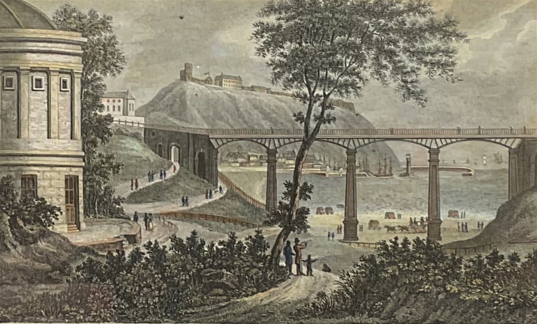 Edward Francis Finden (British 1791-1857) after William Westall (British 1781-1850): 'Whitby Yorkshire', engraving with hand-colouring together with after Nathaniel Whittock (British 1791-1860): 'The Museum and New Bridge - Scarborough', engraving with hand colouring and 'A Perspective View of Scarborough', 19th century engraving with hand-colouring max 15cm x 31cm (3)