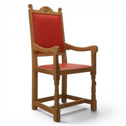 Mouseman - oak armchair high back with fleur de lis motif, red leather padded seat with br...