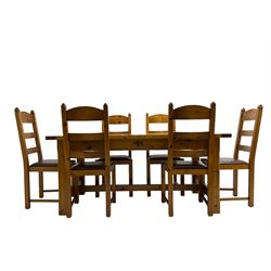 Polished pine dining tale, rectangular top over square chamfered supports (W176cm D85cm H78cm); and set six pine ladder back dining chairs, seats upholstered in brown leatherette (W46cm H107cm)