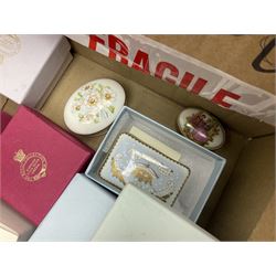 Collection of boxed Royal Collection lidded trinket boxes, together with glassware to include decanters, bowls etc in two boxes