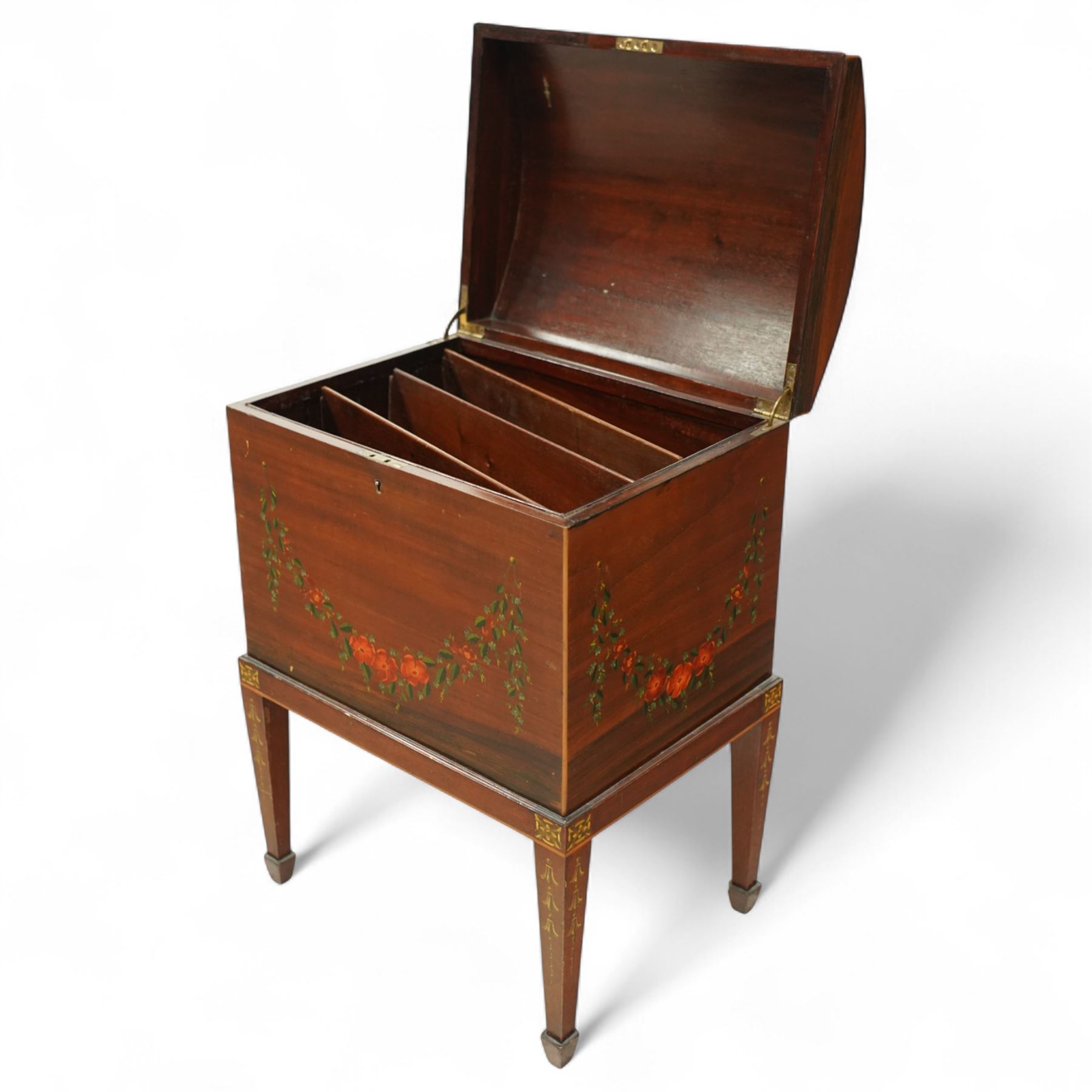 Edwardian painted mahogany and satinwood music cabinet, of rectangular form with domed hinged lid, the front and top decorated with hand-painted floral garlands and a central neoclassical panel depicting cherubs, raised on square tapering legs with gilt highlights