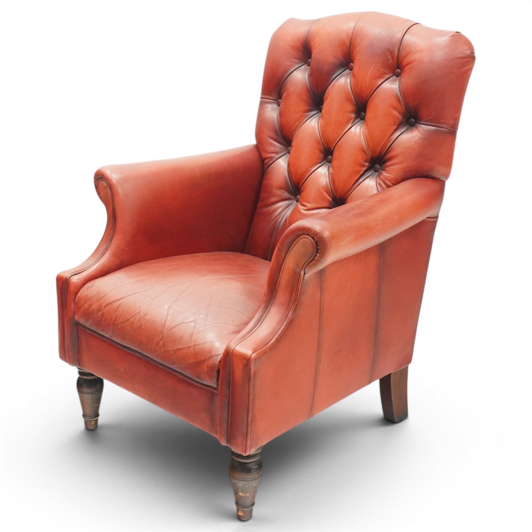 Laura Ashely - Georgian design Chesterfield style armchair, upholstered in back-buttoned crimson leather, on turned front supports