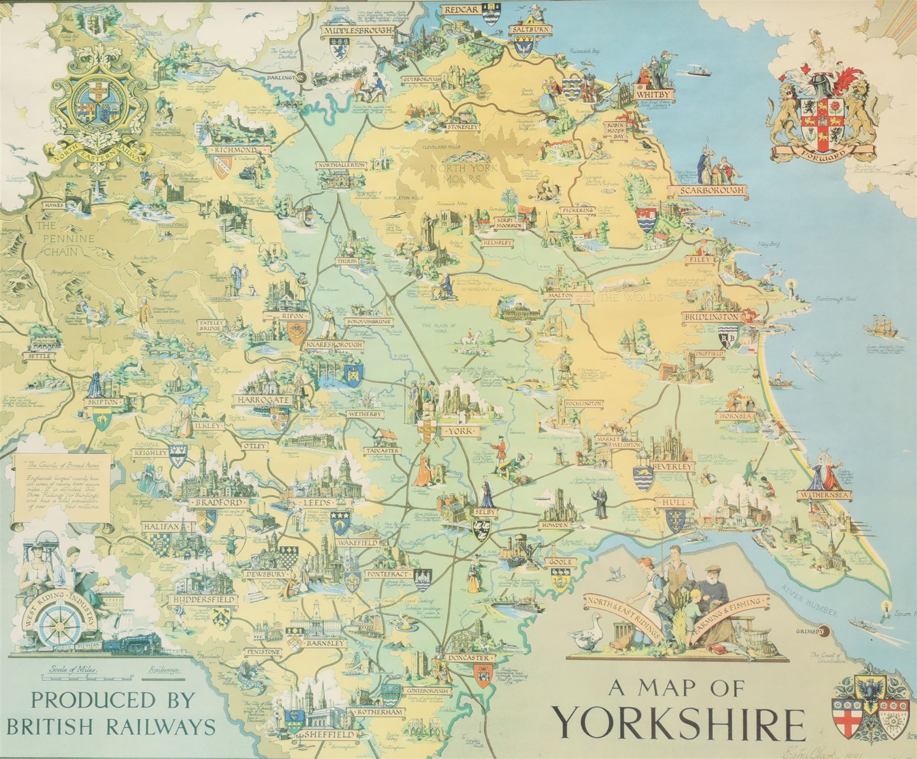 Estra Clark (British 1904-1993): 'A Map of Yorkshire', pictorial colour map of Yorkshire with important events and places described, produced by British Railways, signed and dated 1991 in pen 55cm x 70cm