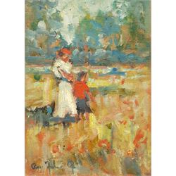 Impressionist School (20th century): Mother and Child in a Flower Meadow, oil on board indistinctly signed 18cm x 13cm