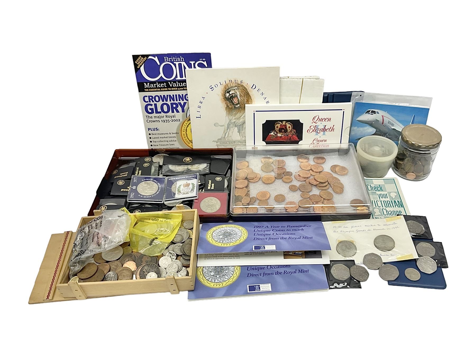 Great British and World coins, including small number of pre 1920 silver coins, pre-decimal coinage, commemorative crowns, Britain's first decimal coins sets in blue wallets, Swiss francs etc