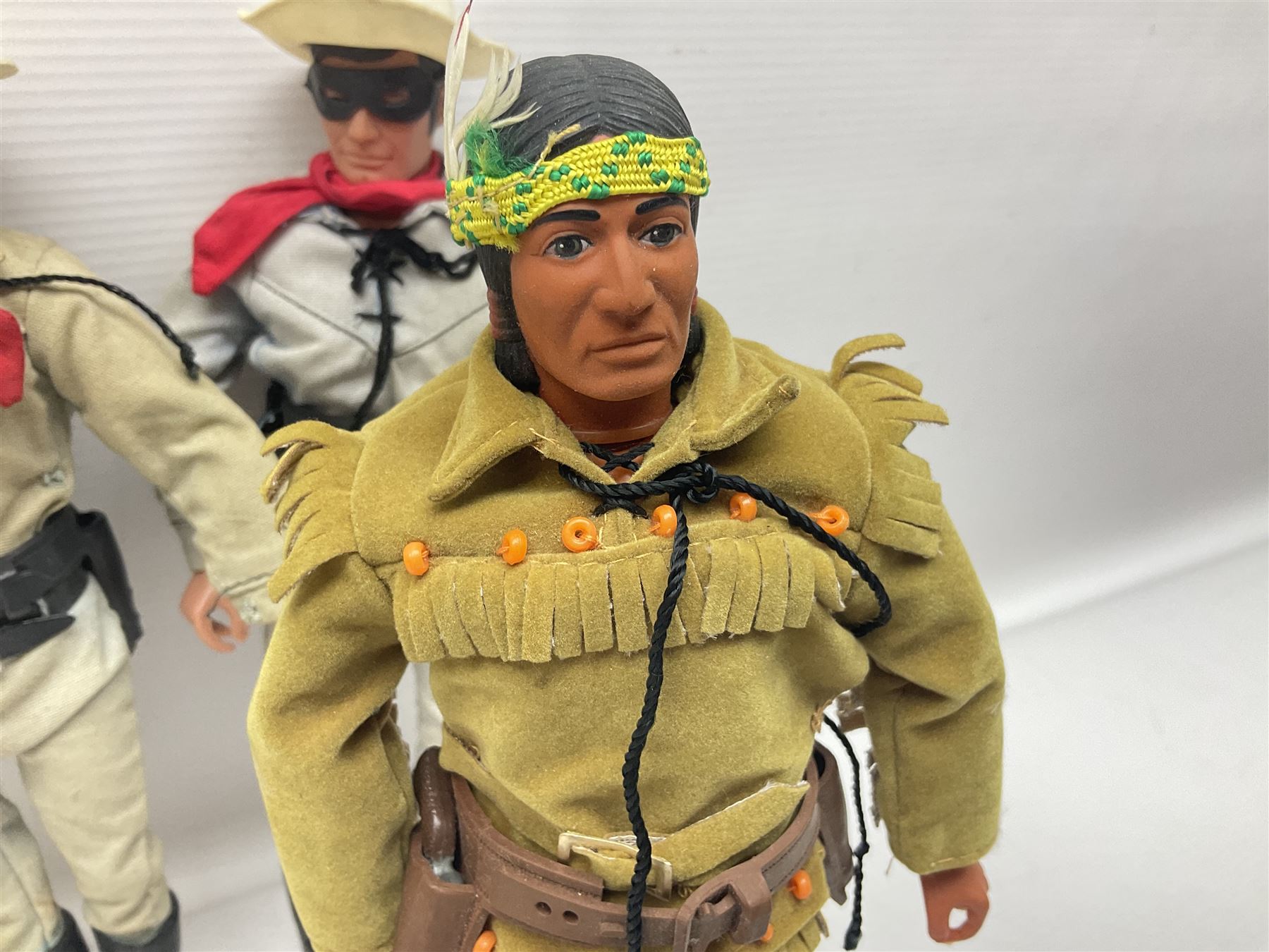 Two pairs of 1970s Lone Ranger and Tonto action figures, probably by Marx Toys; and Gabriel 'Silver' stallion horse; all unboxed (5)