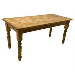 Rectangular pine farmhouse style dining table, on turned supports