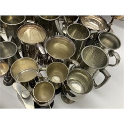 Collection of pewter and silver-plated trophy cups and presentation tankards, largest H28cm
