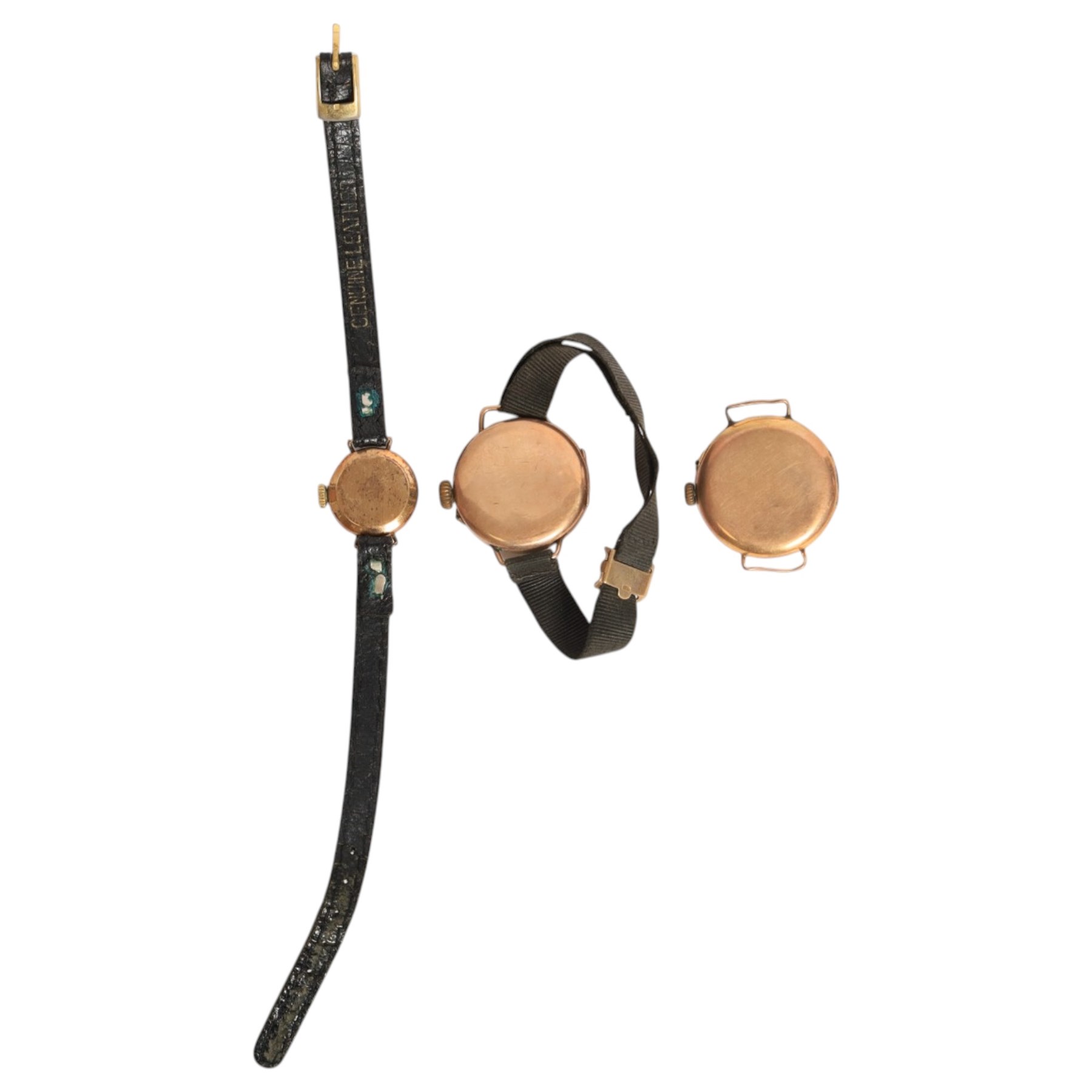 Three 9ct gold cased wristwatches, two on fabric straps