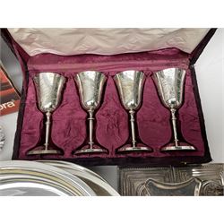 Silver plated Calibri lighter, in the form of a twin handled vase with mask handles, together with a pair of silver plated candle sticks, horn handled carving set with hallmarked silver ferrules and other silver plated items