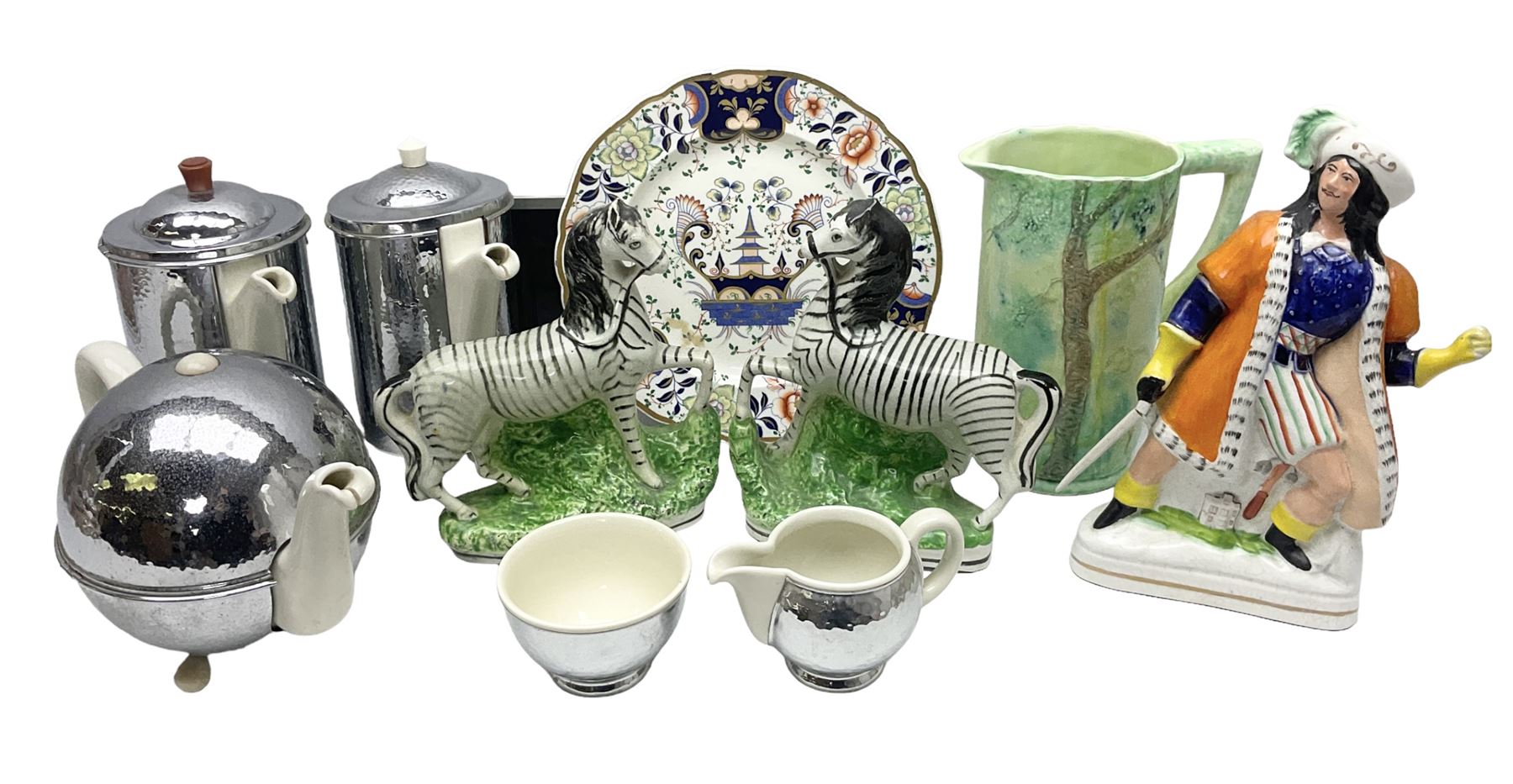 Stayhot teapot and coffee pot, with silver plate clad ceramic bodies, together with another similar coffee pot, jug and sucrier, Staffordshire style flatback figures comprising pair of zebras and cavalier type figure, Melba Ware woodland jug etc